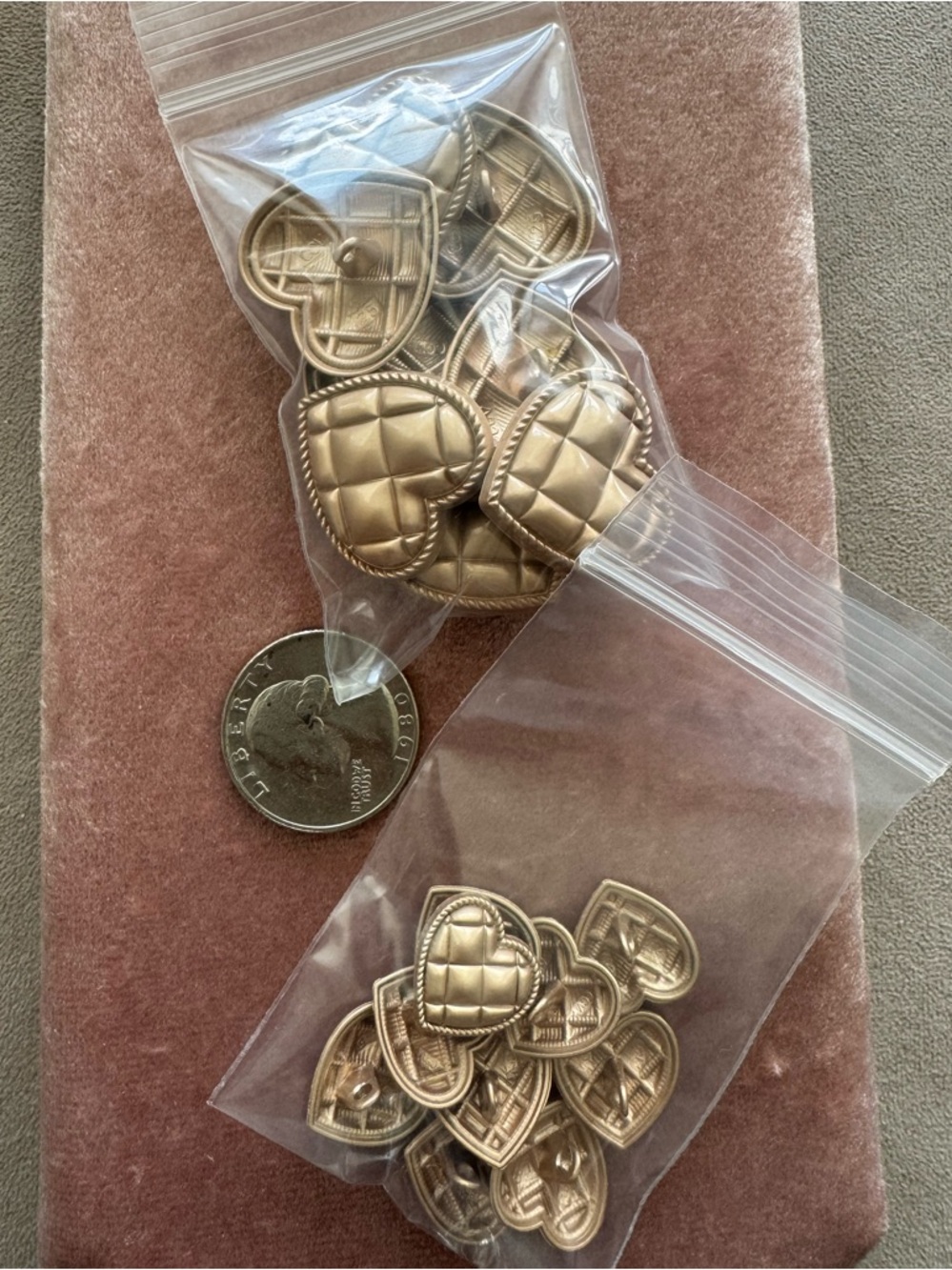 2-Pack Gold Tone Quilted Heart Buttons 10 Small 15mm + 10 Large 25mm